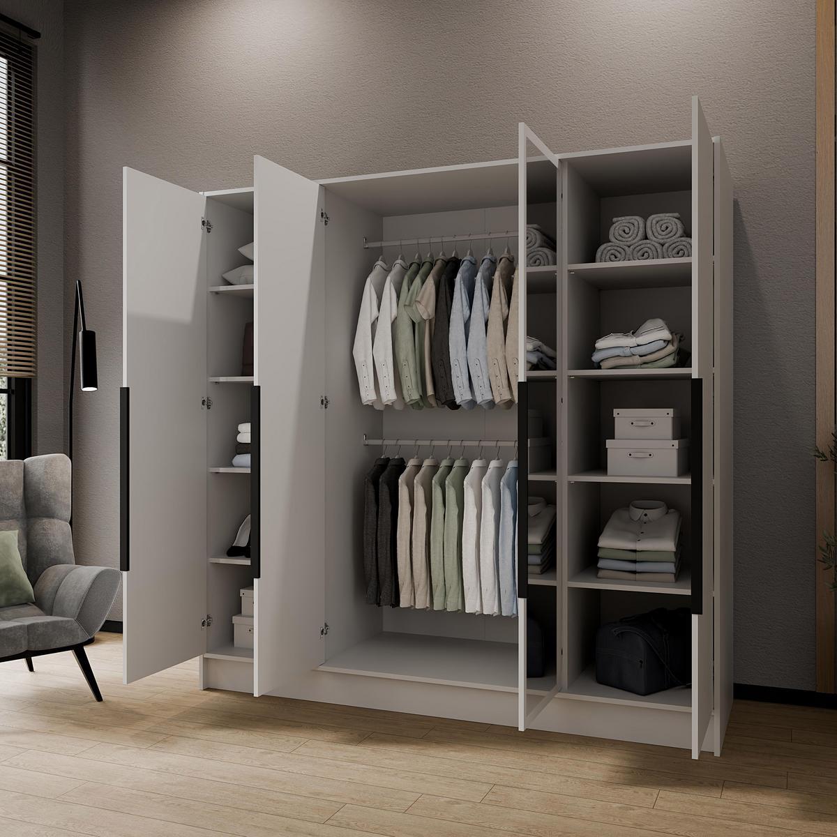 DREHTÜRENSCHRANK Laro mit Spiegel, Weiß mit mit schwarzen Griffen, 200 cm - Weiß, Holzwerkstoff (200/200/51cm) - Beautysofa