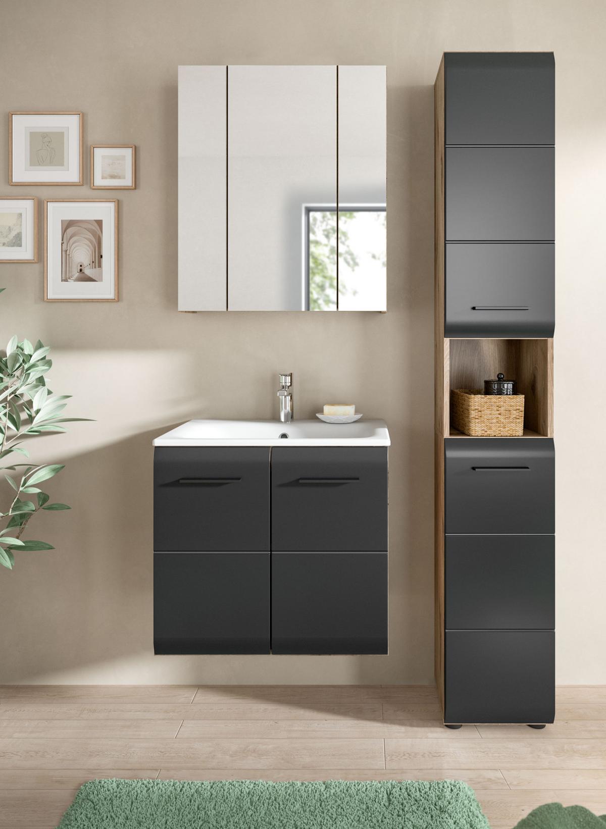 BADMÖBEL-SET 3-teilig Schwarz matt, Eiche Nox, Badezimmer Komplett-Set mit Waschbecken, 105 x 185 cm - Eichefarben/Schwarz, Glas/Keramik (105/185/46cm) - Inn.Furn