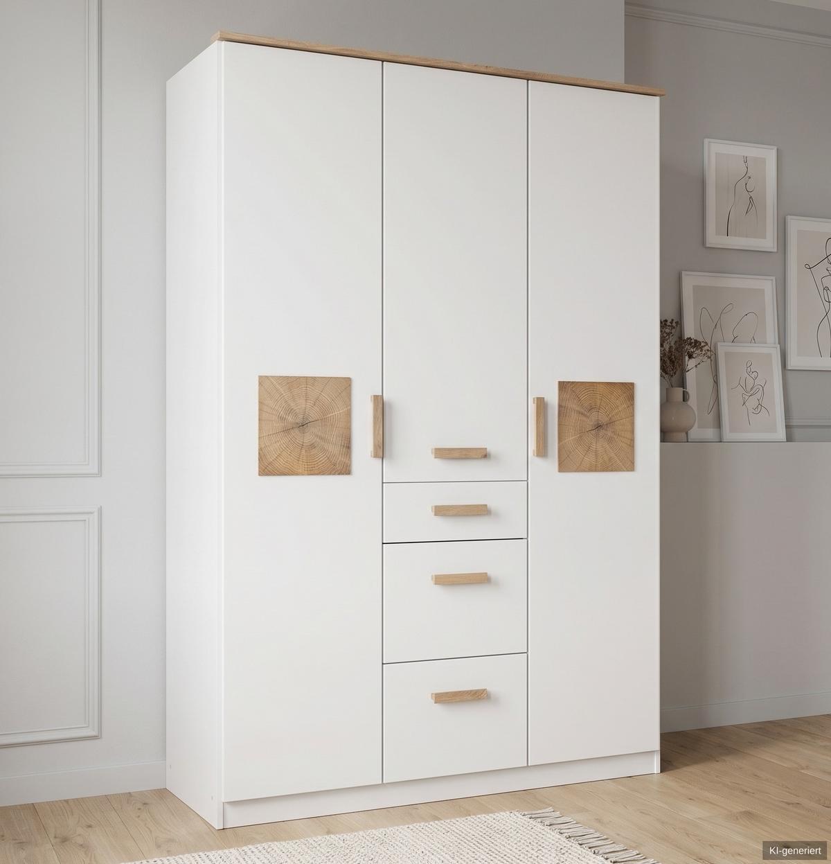 BABYZIMMER-SET 3-tlg.: Babybett & Wickelkommode & Kleiderschrank 3-türig B135/H199/T58 cm, Weiß mit Eiche & Hirnholz Dekor / 22813 - Eichefarben/Weiß, Holzwerkstoff (135/199/58cm) - luma-home