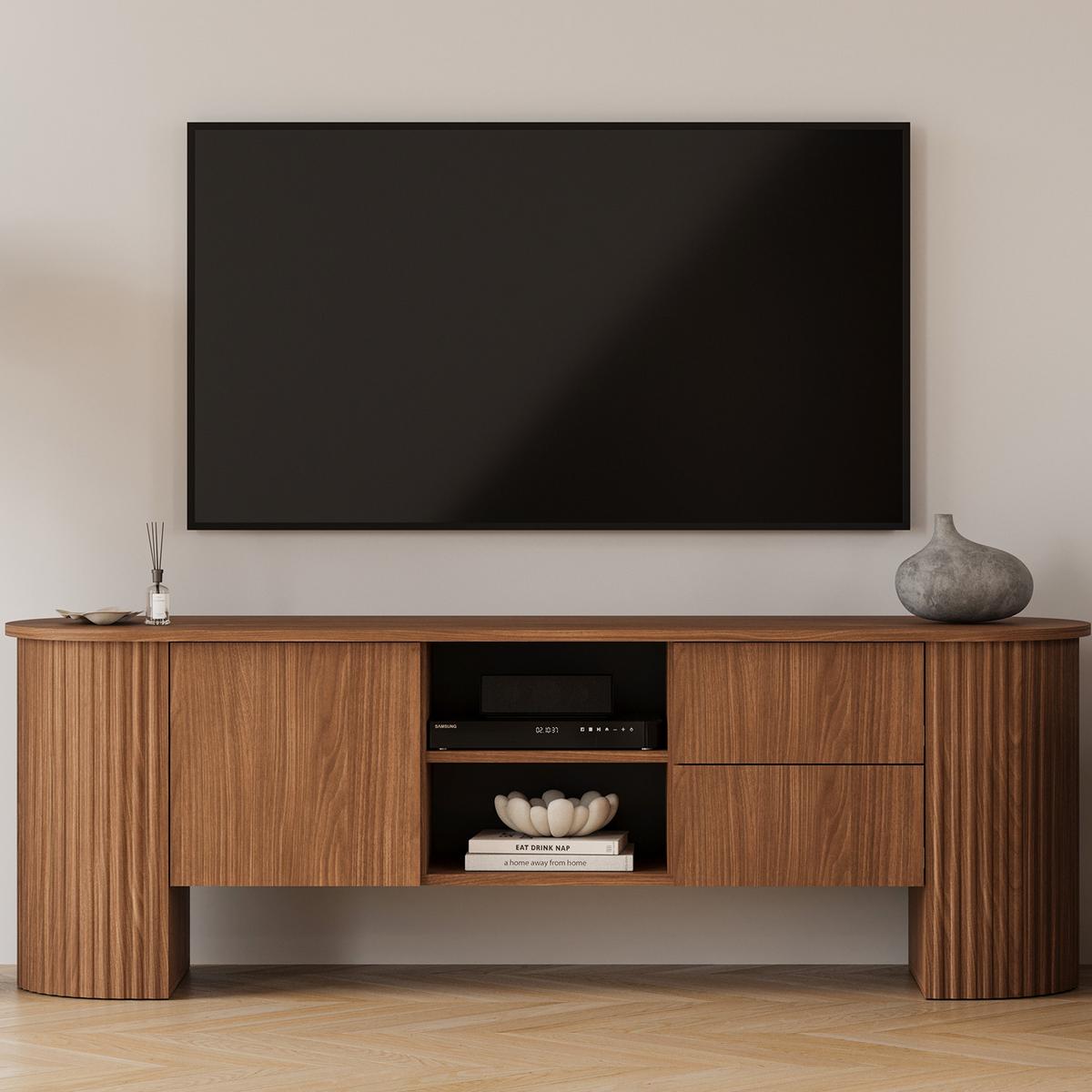 LOWBOARD Carlo mit 1 Tür und 2 Schubladen mit geriffelte Seiten 180 cm, Walnuss - Walnussfarben, Holzwerkstoff (180/60/45cm) - Beautysofa