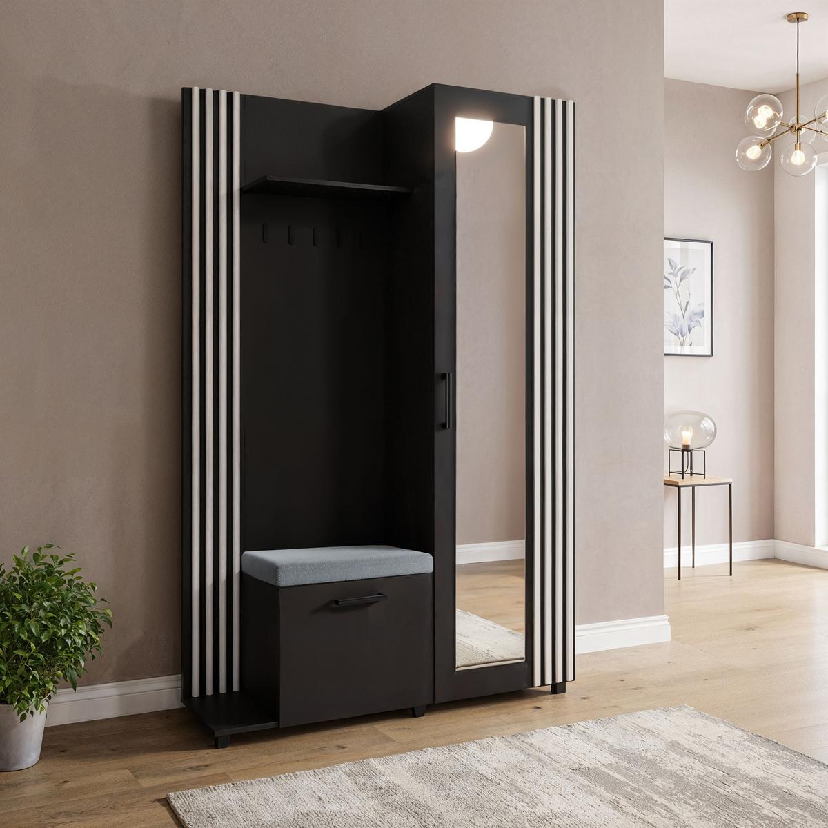GARDEROBE Linaro mit Spiegel, Sitzbank in Lamellen-Optik 137/207/42 cm, Links - Schwarz, Holzwerkstoff (137/207/42cm) - WFL GROUP