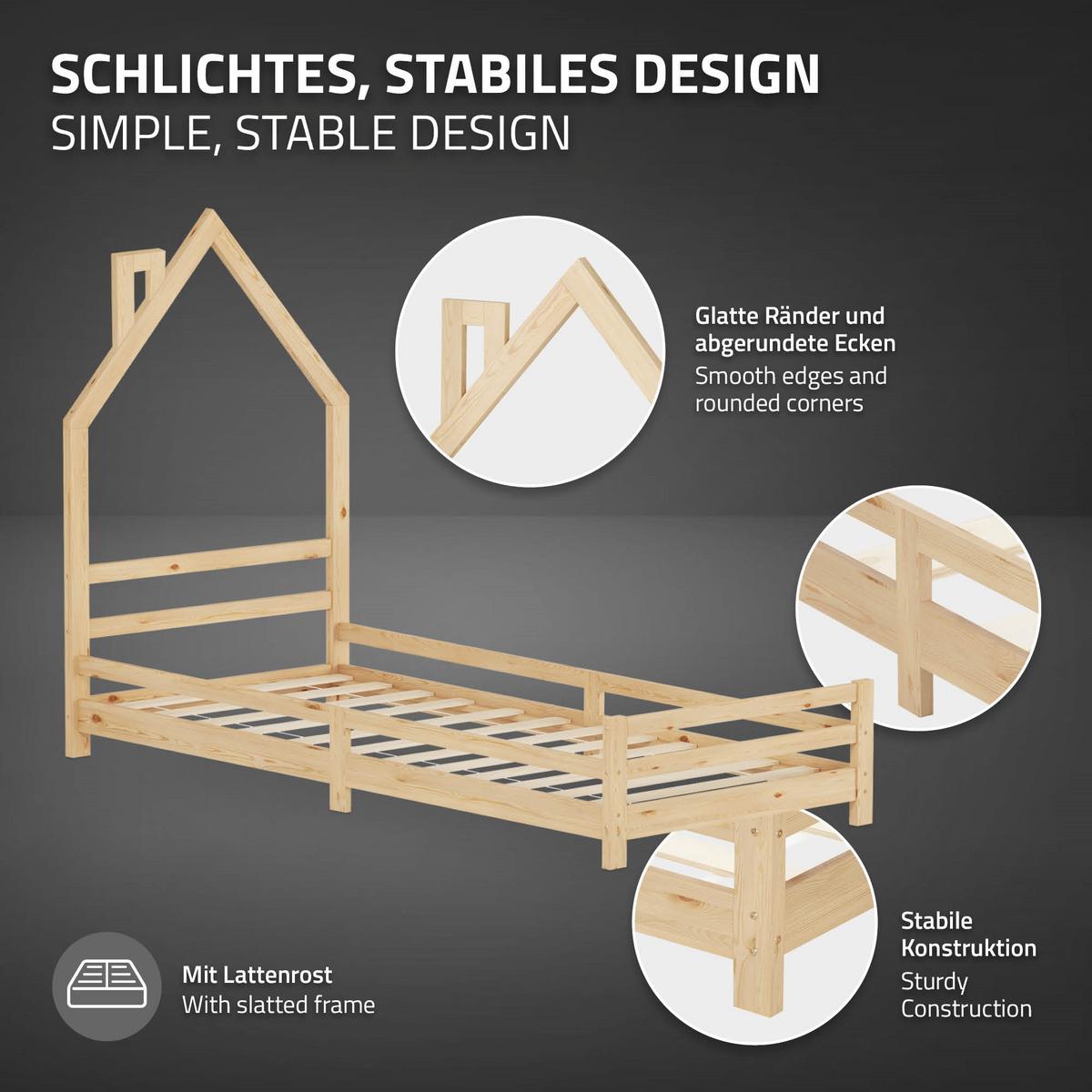 KINDERBETT Haus 90x200 cm mit Matratze Natur Kiefernholz - Naturfarben, Holz (90/200cm) - ML-DESIGN