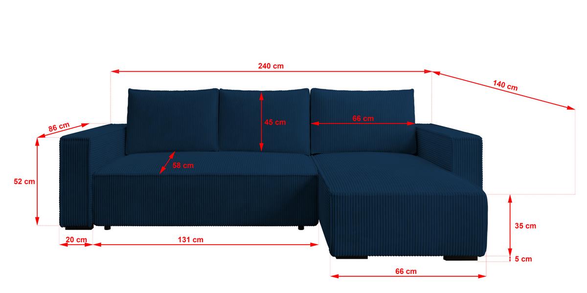 ECKSOFA CUDDY L, Eckcouch in L-Form mit Schlaffunktion und Bettkasten, Farbe: Blau, Cordstoff, Ottomane Rechts - Blau, Textil (240/140cm) - Storez24