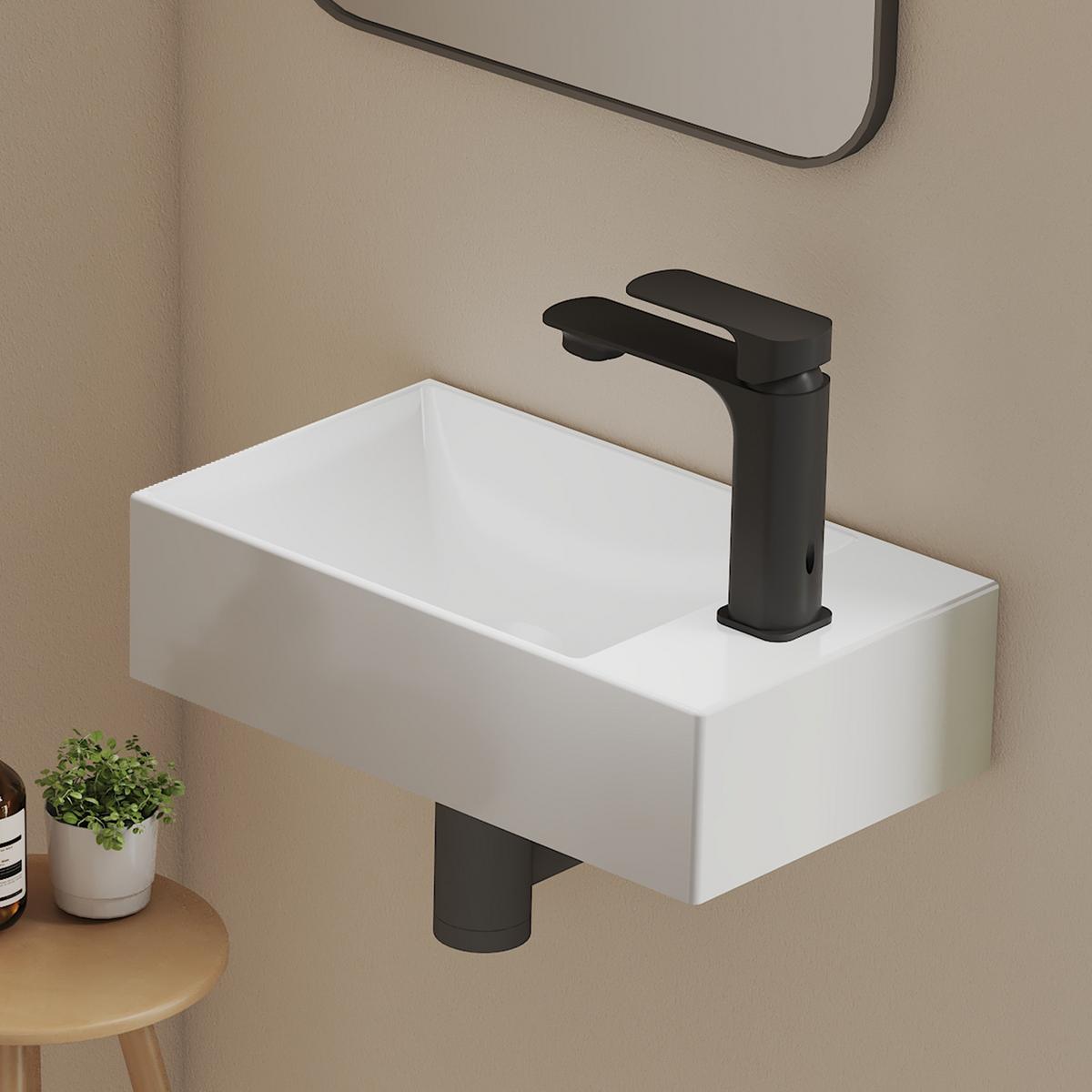 HANDWASCHBECKEN Eck-Wand Hahnloch rechts Weiß 37,7 / 21,8 / 9,9 cm - Weiß, Keramik (38/10/22cm) - EMKE