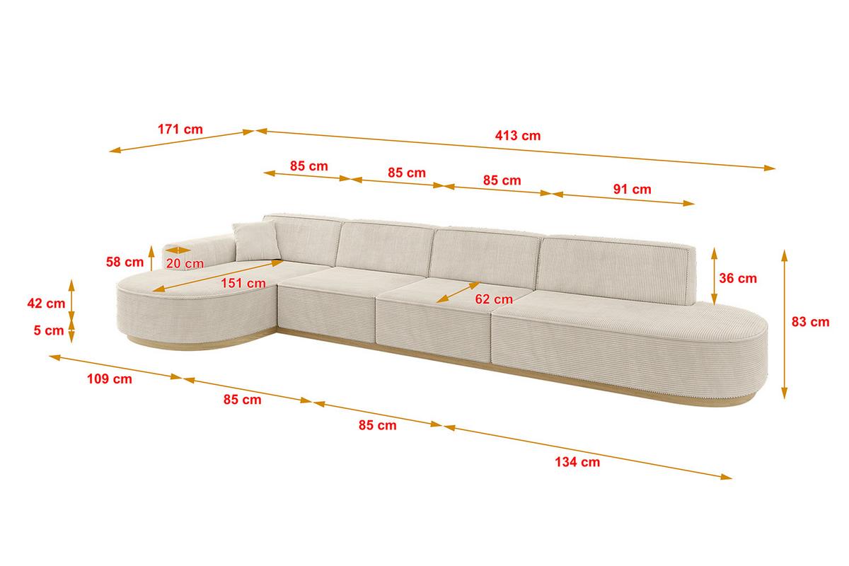 ECKSOFA Ottomane Links MARI-L3-v2 - 413x171x83 cm Beige Cord - Beige, Holzwerkstoff/Textil (413/171cm) - ALTDECOR