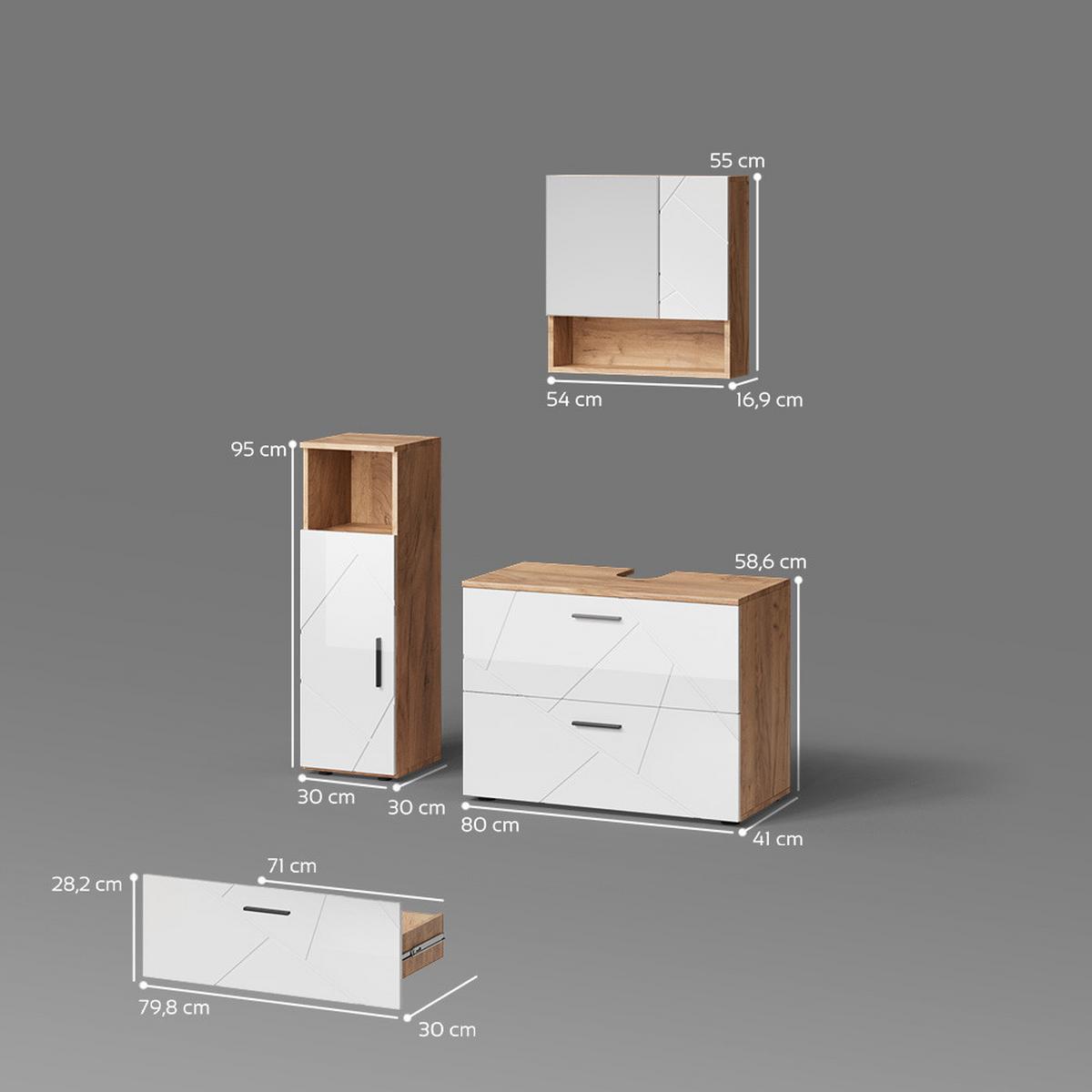 BADMÖBEL-SET Ronco Weiß Hochglanz/Goldkraft Eiche 3 Teile, mit Midischrank - Honigeiche/Weiß Hochglanz, Holzwerkstoff (54/55/41cm) - Livinity®