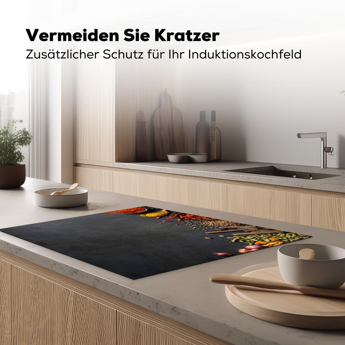 HERDABDECKPLATTE Kräuter - Lebensmittel - Gewürze - Schwarz - Paprika - Zimt Induktionsmatte 77x59 cm - Currygelb, Kunststoff (77/59/0.2cm) - MuchoWow