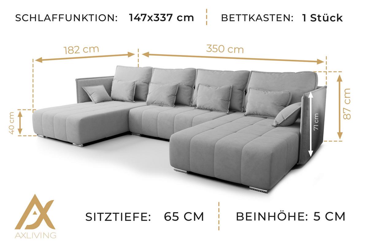WOHNLANDSCHAFT Florinna Hellbraun 345/182/87 cm mit Schlaffunktion - Hellbraun/Chromfarben, Textil/Metall (345/87/182cm) - AX Living