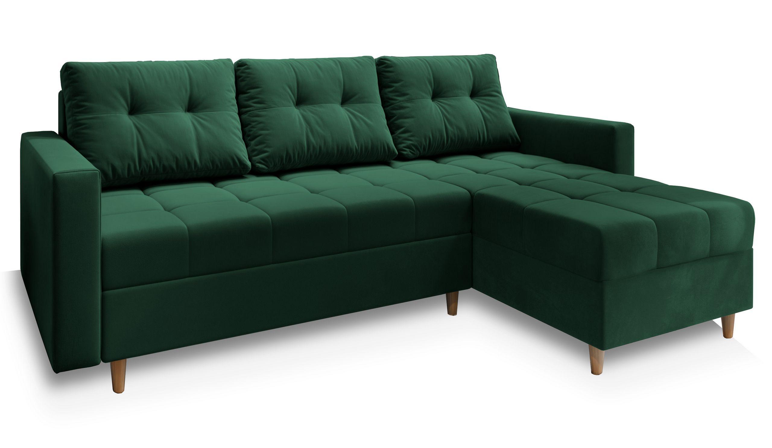 ECKSOFA MILO L Grün Plüsch-Stoff mit Schlaffunktion - Braun/Grün, Holz/Textil (220/140cm) - MASSENO