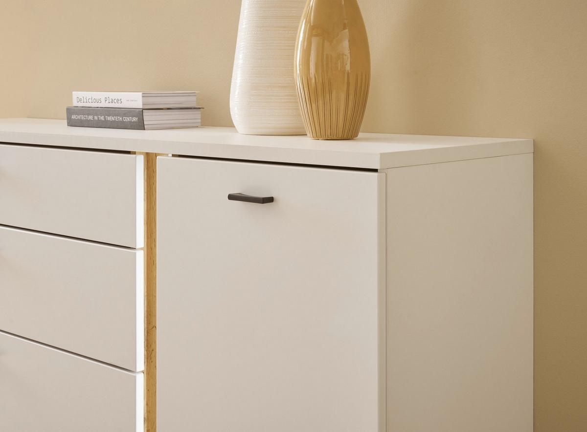SIDEBOARD weiß matt, Eiche Wotan 150 cm, Kommode inklusive Frontbeleuchtung - Eiche Wotan/Silberfarben, Holzwerkstoff/Kunststoff (150/86/42cm) - Furn.Design