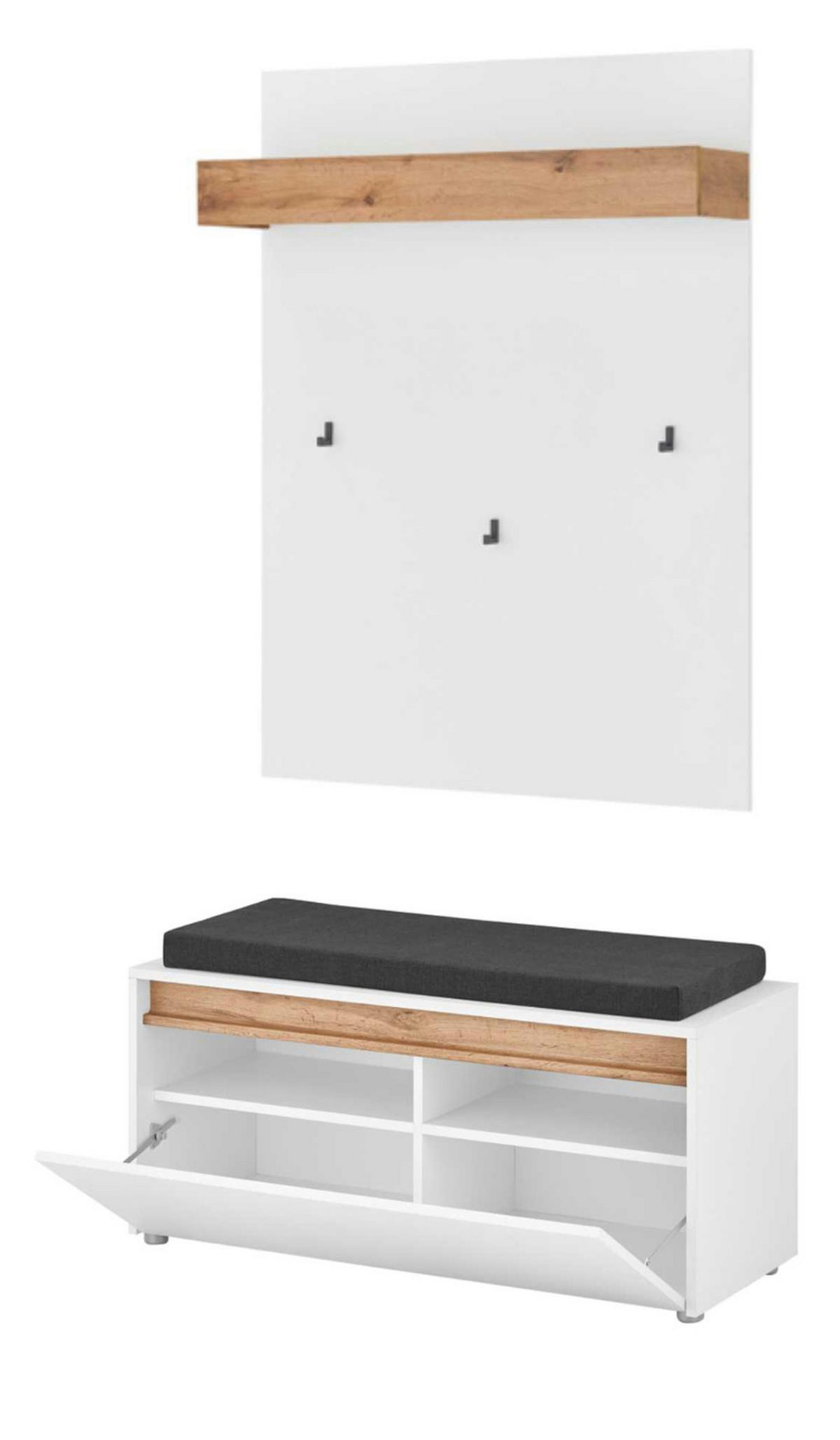 GARDEROBEN-SET 3-teilig weiß, Eiche Wotan 100 cm, Flur Garderobe inklusive Sitzkissen - Eiche Wotan/Silberfarben, Holzwerkstoff/Kunststoff (100/200/40cm) - Furn.Design