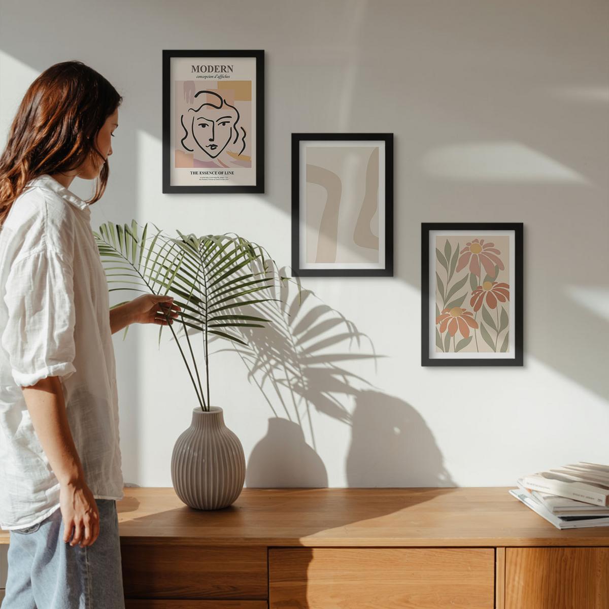 BILDER SET 3er Set - 20x30 cm Schwarzer Rahmen - Moderne abstrakte Frau - Schwarz, Kunststoff (20/30cm) - TULUP