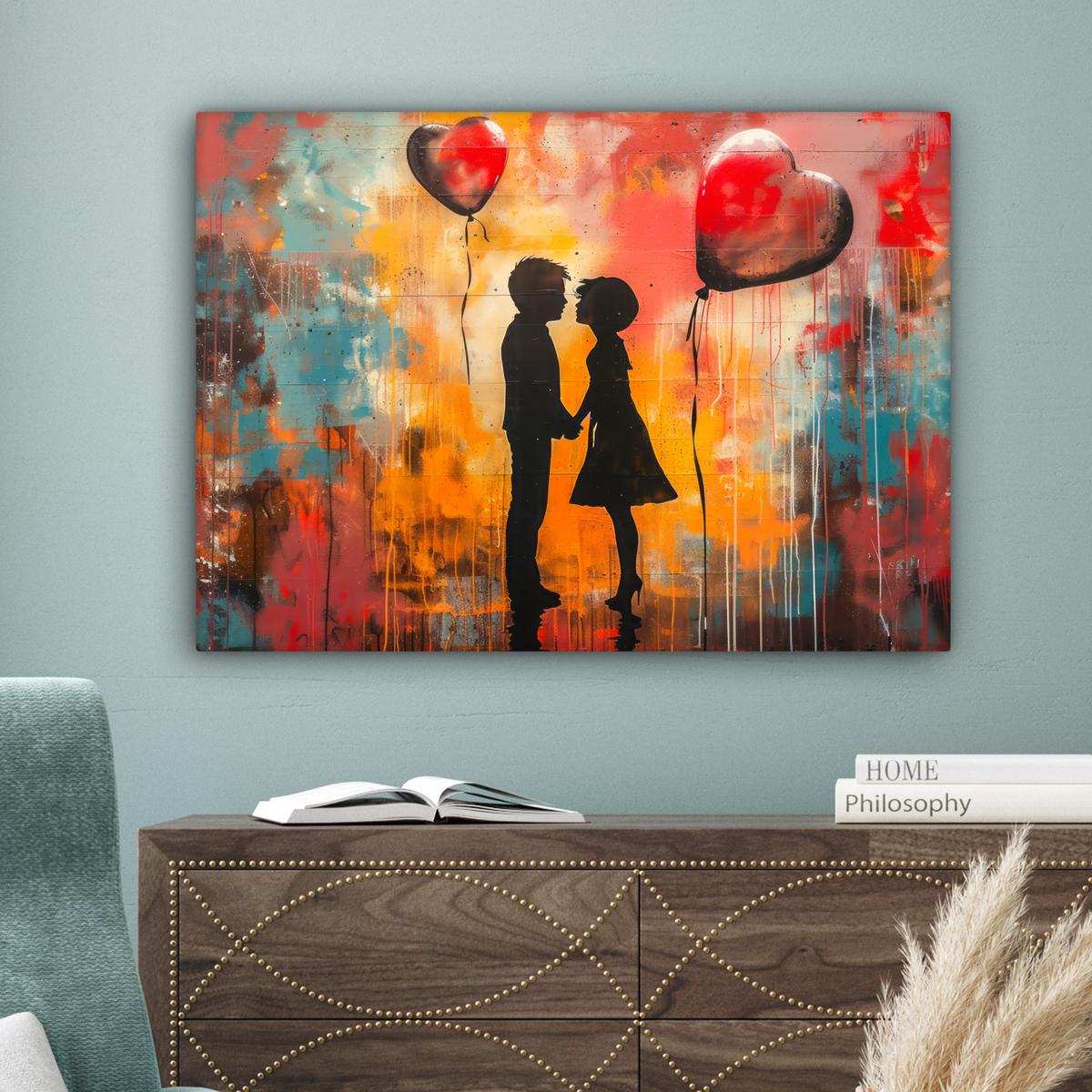 LEINWANDBILD Straßenkunst - Liebe - Graffiti - Kunst - Banksy Wandbilder 80x60 cm - Orange, Textil (80/60cm) - MuchoWow