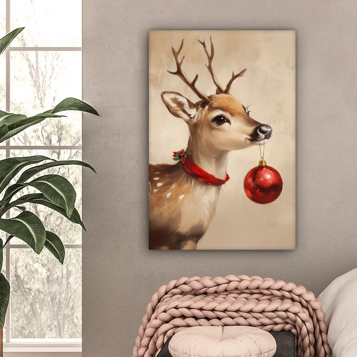 LEINWANDBILD Weihnachten - Hirsch - Geweih - Weihnachtskugel - Rentier Wanddeko Schlafzimmer 60x90 cm - Hellbraun, Textil (60/90cm) - MuchoWow