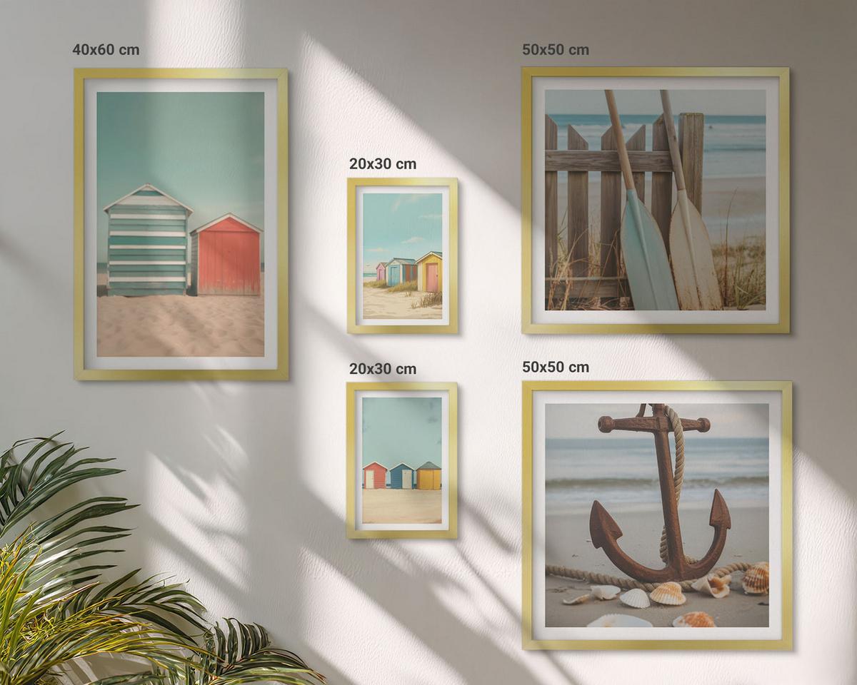 BILDER SET 5er Set - 50x50 cm & 20x30 cm & 40x60 cm Goldrahmen - Bunte Häuser, Strand, Sonne - Goldfarben, Kunststoff (40/60cm) - TULUP