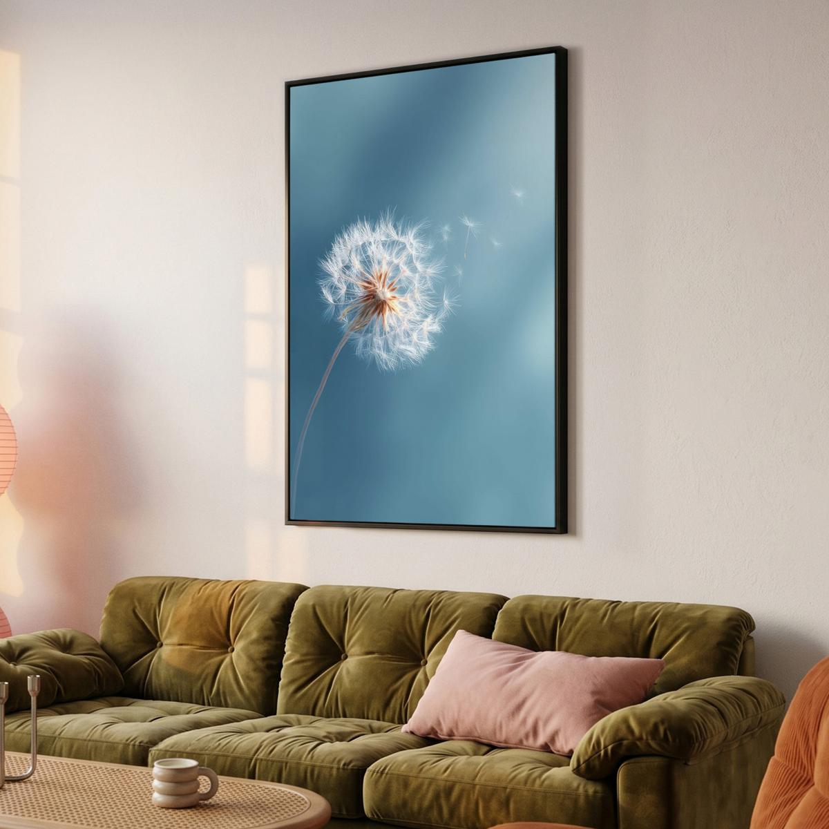 LEINWAND Bilder mit Rahmen - Löwenzahn - Wind - Blau - 90x140 - Blaugrau, Textil (90/140cm) - MuchoWow