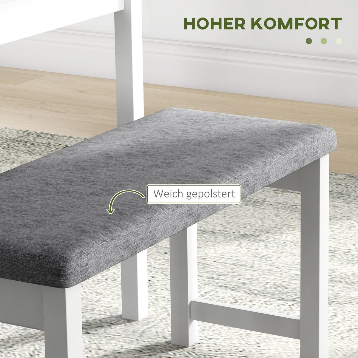 ESSGRUPPE, Esstisch mit 2 Gepolsterten Stühlen, Bank, 4-Teiliges Esstisch-Set - Weiß/Grau, Holz/Textil (65/75/108cm) - HOMCOM