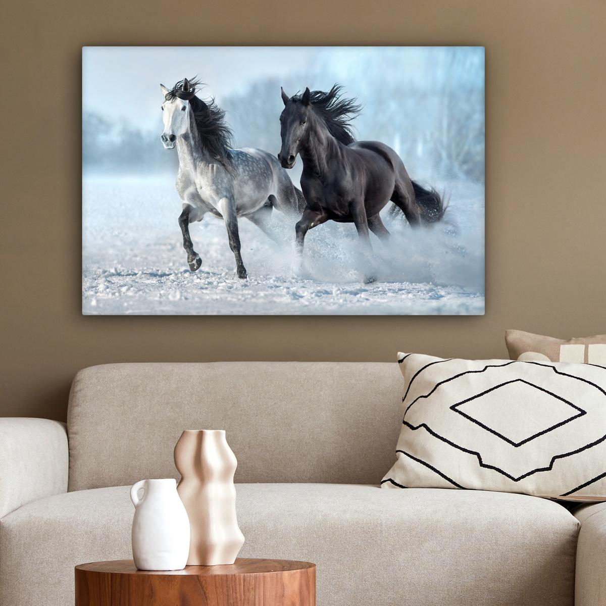 LEINWANDBILD Pferde - Winter - Tiere - Natur - Schnee Gemälde 60x40 cm - Anthrazit, Textil (60/40cm) - MuchoWow