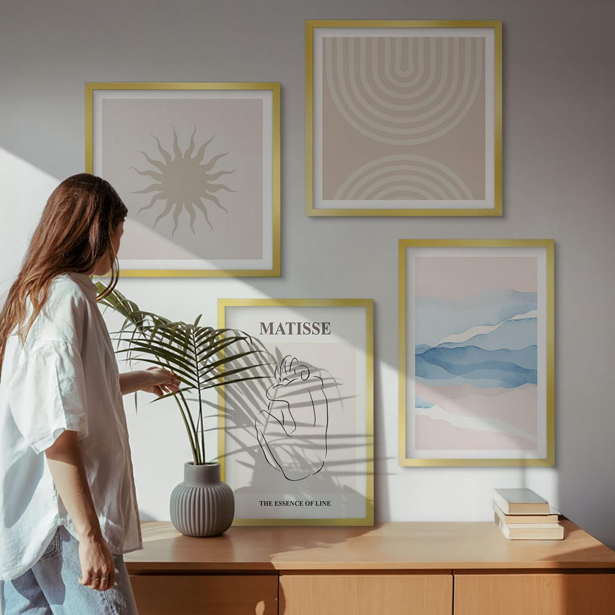 BILDER SET 4er Set - 50x50 cm & 40x60 cm Goldrahmen - Linien, Wellen, Pastellfarben, minimalistisch - Goldfarben, Kunststoff (50/50cm) - TULUP