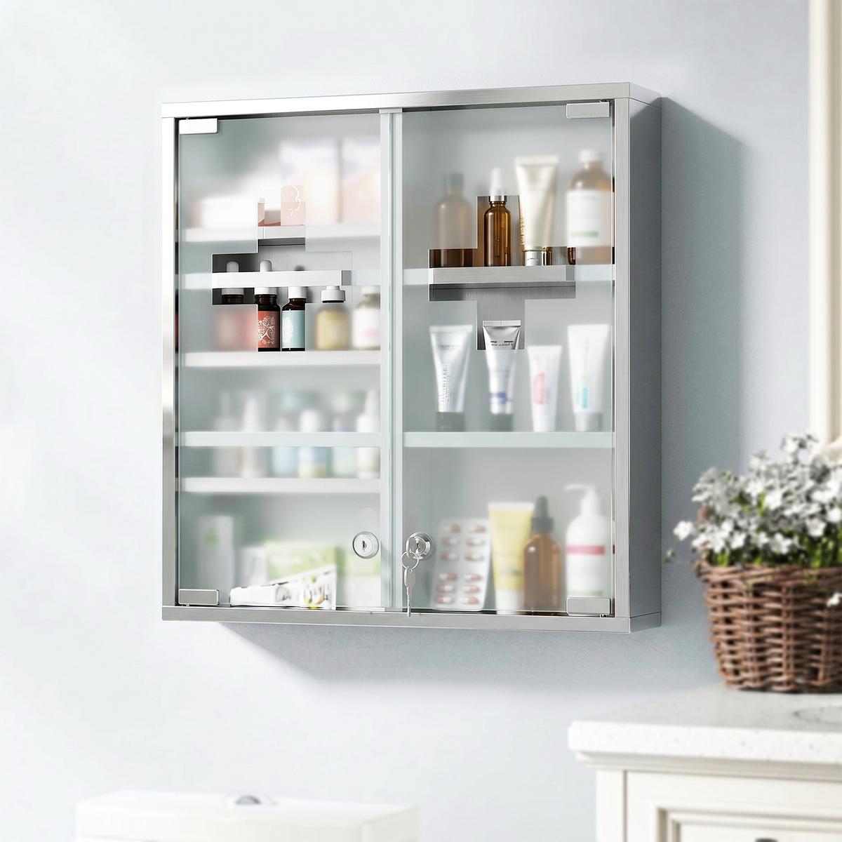 MEDIZINSCHRANK Edelstahl 430 gehärtetes Glas Silber - Silberfarben, Metall (12/48/46cm) - HOMCOM