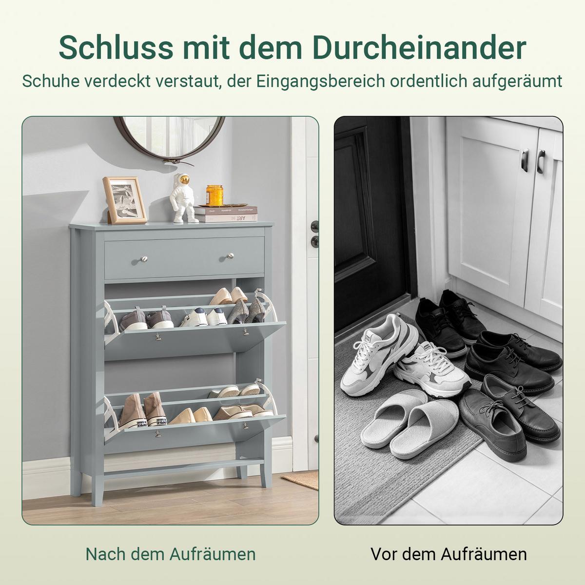 SCHUHSCHRANK Grau, 80 x 108 x 25 cm, mit Schublade und 2 Klappen für bis zu 12 Paar, schmal für den Flur - Grau, Holzwerkstoff (80/108/25cm) - SoBuy