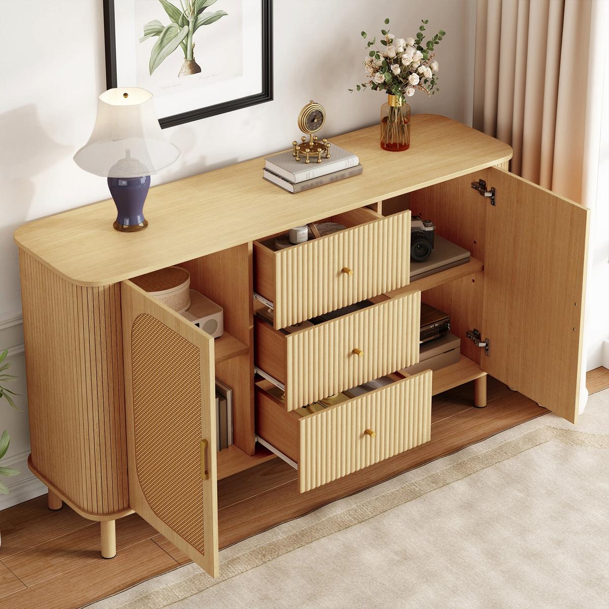 BUFFET in Naturholz- und Rattanoptik, Beige - Naturfarben, Holzwerkstoff (40/80/140cm) - Urban Meuble