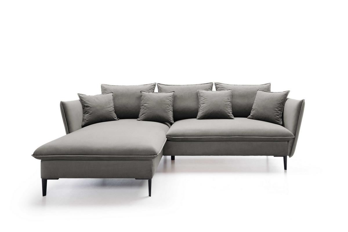 ECKSOFA SOLE Grau Plüsch-Stoff mit Schlaffunktion - Grau, Holz (258/167cm) - MASSENO