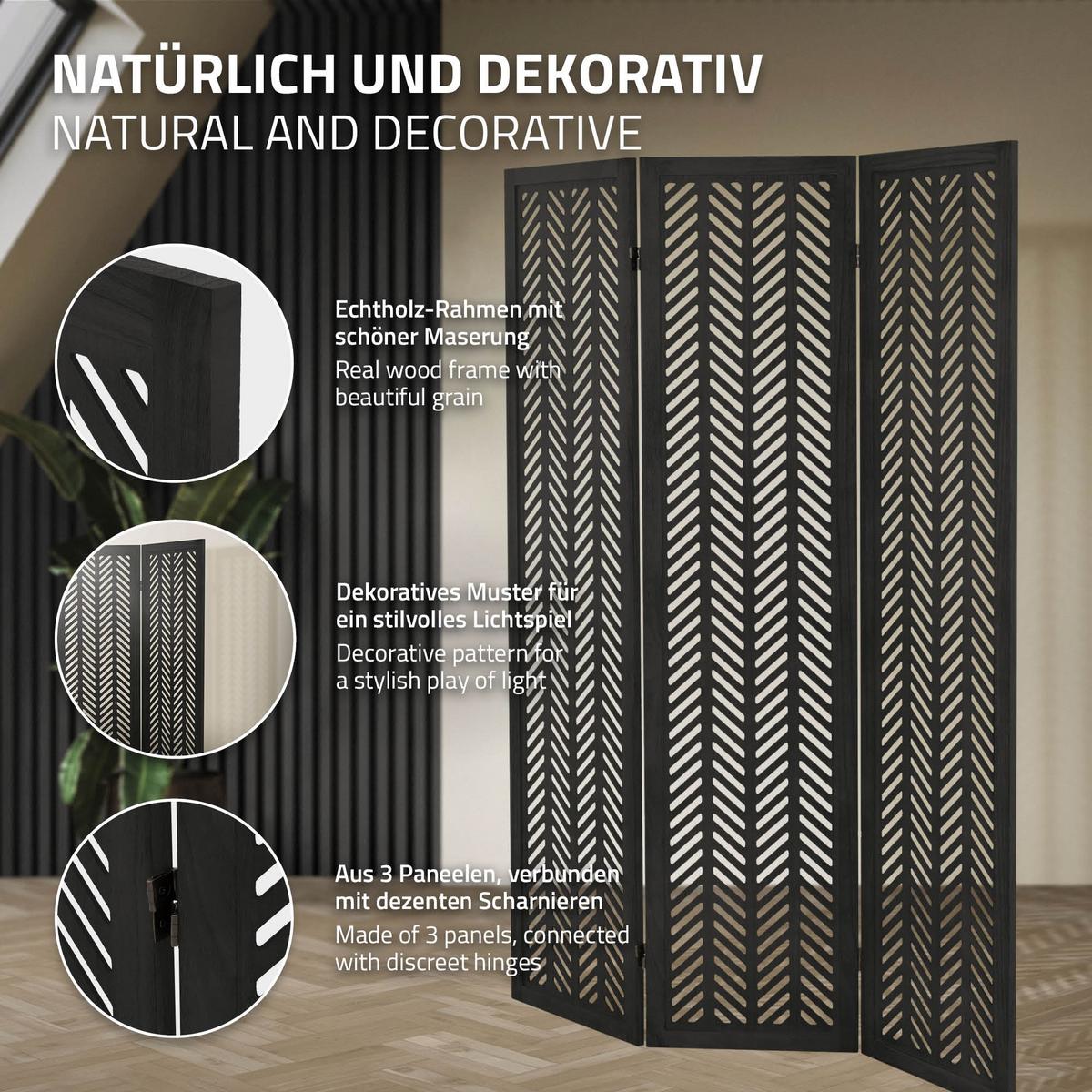 PARAVENT 3 teilig Kobe 170x121 cm Schwarz aus Holz - Schwarz, Holz (121/170/2cm) - ML-DESIGN