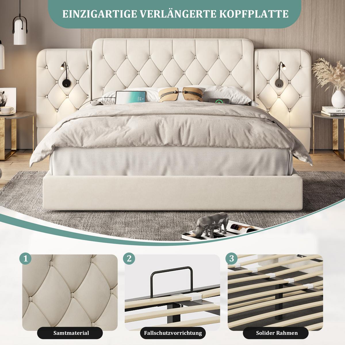 POLSTERBETT Samt Beige 160x200 cm mit LED Leseleuchten & USB-Anschluss - Beige, Textil (160/200cm) - Urban Meuble