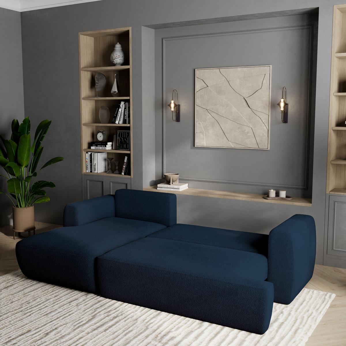 ECKSOFA SENTI N L-S Blau Boucle-Stoff mit Schlaffunktion - Blau/Schwarz, Holz/Kunststoff (246/148cm) - MASSENO