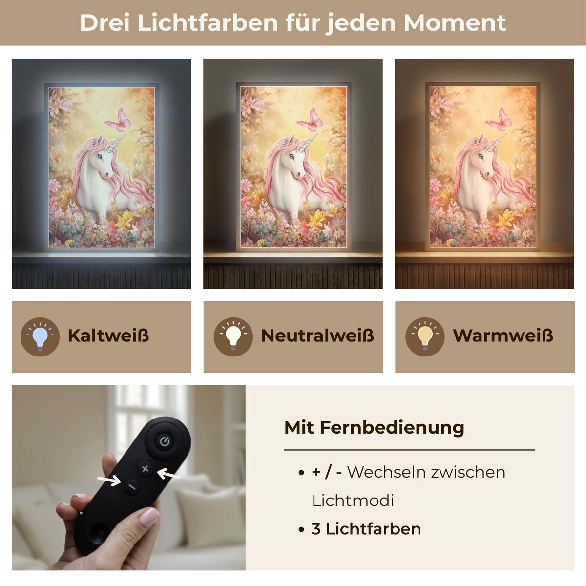 NACHTTISCHLAMPE MIT AKKU Einhorn - Blumen - Schmetterling - Rosa 40x60 cm - Beige, Holzwerkstoff (8/40/60cm) - OnlyWow