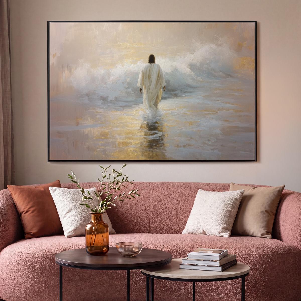 LEINWAND Bilder mit Rahmen - Gemälde - Welle - Jesus - Abstrakt - 120x80 - Goldfarben, Textil (120/80cm) - MuchoWow