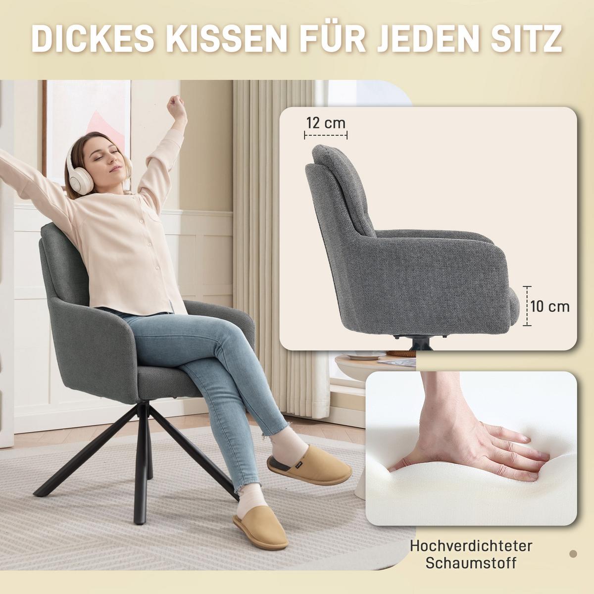 ESSZIMMERSTUHL 360° Drehbar Küchenstuhl mit Leinenbezug, Ergonomisch Grau - Schwarz/Grau, Textil/Metall (63/93/57cm) - HOMCOM