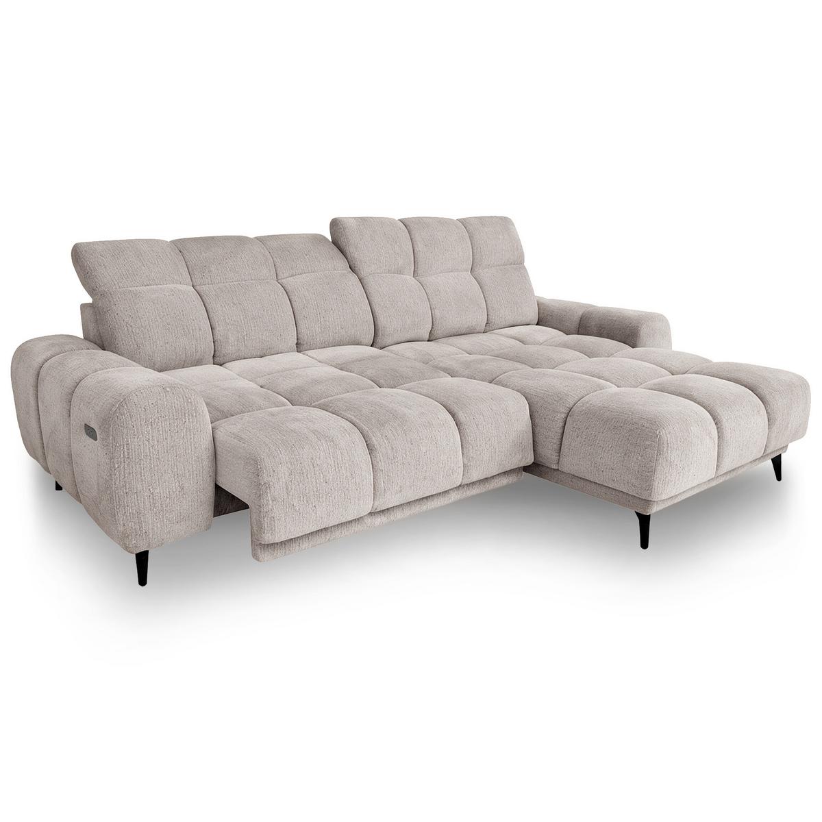 ECKSOFA Marco Mini mit elektrisch ausfahrbarem Sitz und verstellbaren Kopfstützen, Rechts, Chenille-Stoff, Beige - Beige/Schwarz, Textil (275/182cm) - Beautysofa