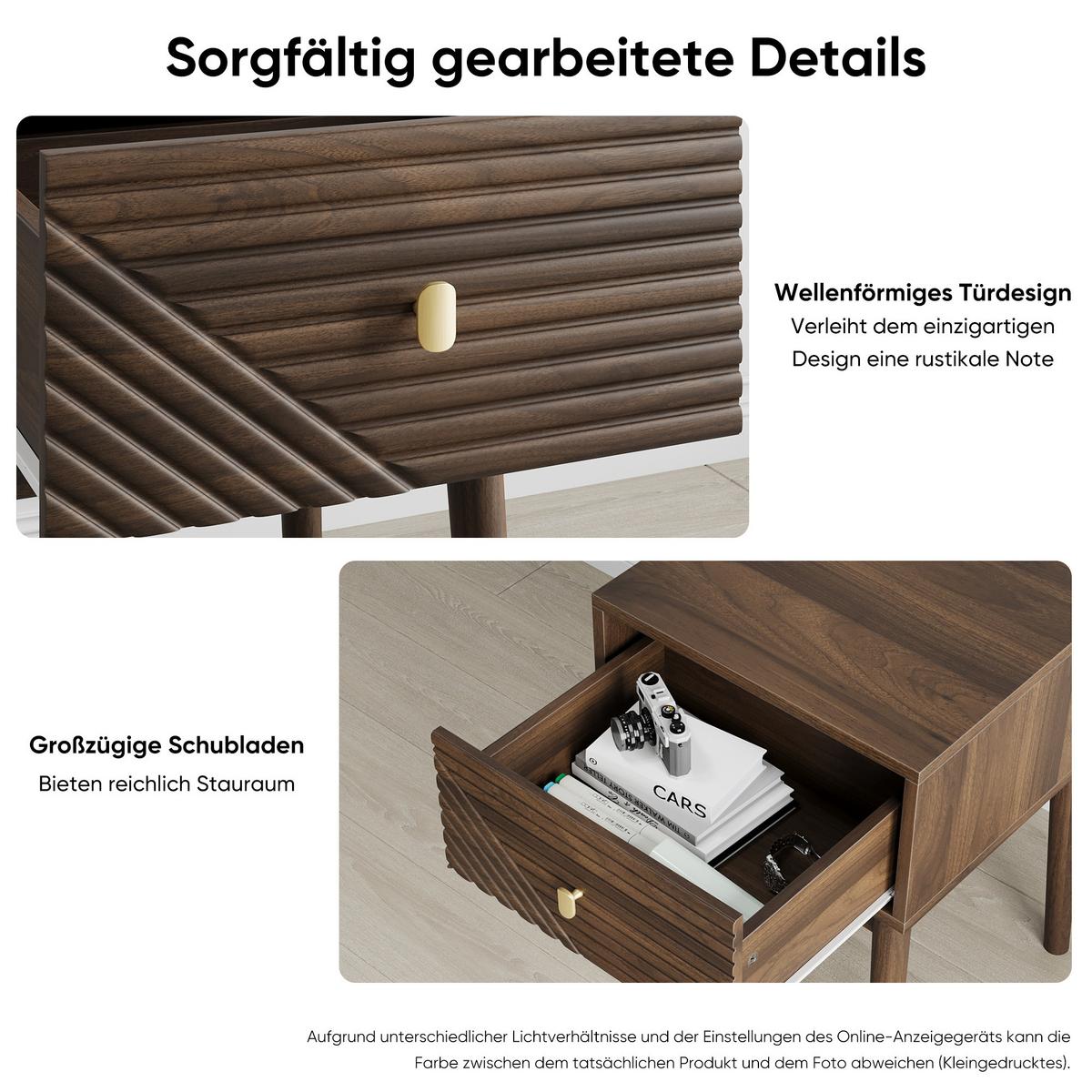 NACHTTISCH Set 2er Walnuss 40 cm – Mid Century Nachtkonsole mit Rillenfront & Goldgriff - Walnussfarben, Holzwerkstoff (40/55/40cm) - Urban Meuble