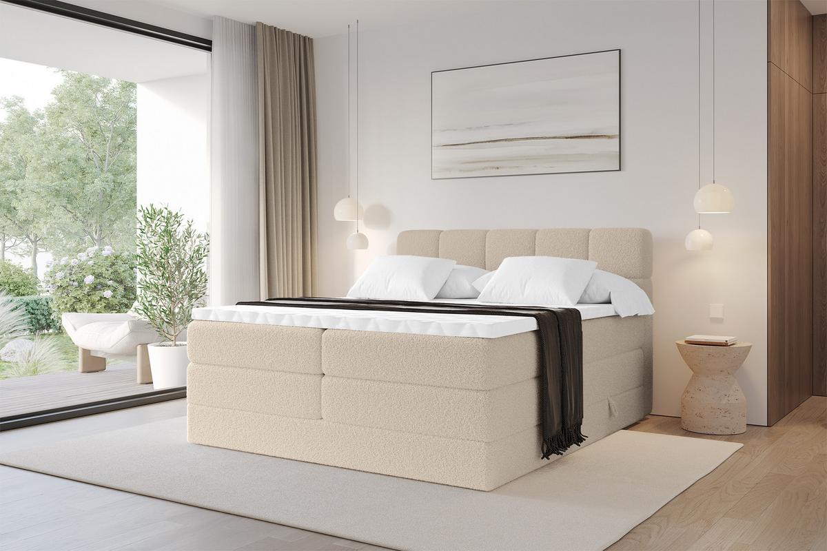 BOXBETT mit Matratze H3/H4 - FAMA KING - 200x200 cm Dunkelbeige Quelle - Creme, Holzwerkstoff (200/200cm) - ALTDECOR