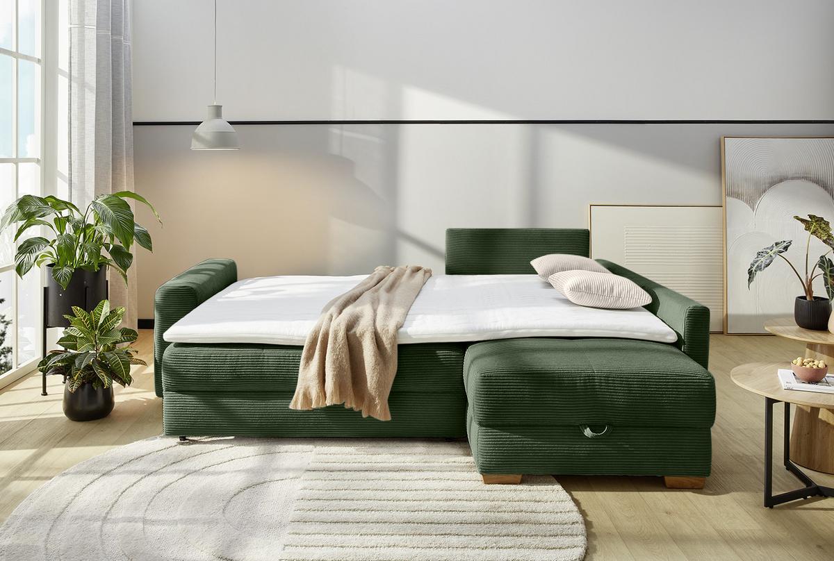 ECKSOFA-DAUERSCHLÄFER Boxspring Federkern Topper Bettkasten, seitenverkehrt montierbar B257/T206/H85 cm, Cord Grün / 15213 - Eichefarben/Grün, Holz/Textil (257/206cm) - luma-home