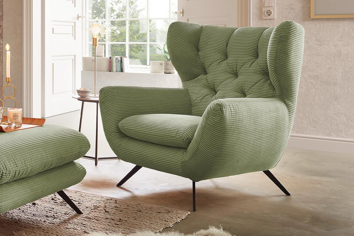 SESSEL CHARME Grün Cord - Schwarz/Olivgrün, Textil/Metall (100/106/95cm) - KAWOLA