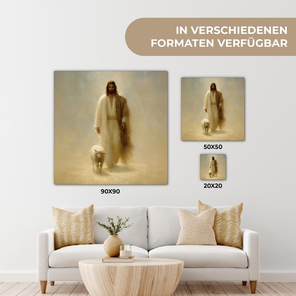 LEINWANDBILD Schaf - Jesus - Pinselstriche - Abstrakt Deko Groß 90x90 cm - Sandfarben, Textil (90/90cm) - MuchoWow