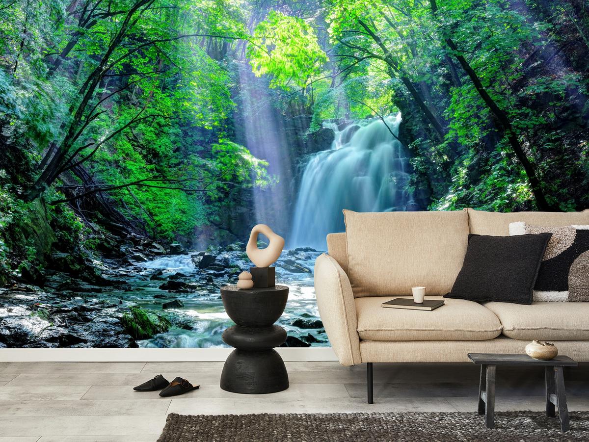 FOTOTAPETE für Schlafzimmer Wasserfall Wald Felsen Bäume Pflanzen 400x280 - Türkis/Blau, Papier (400/280cm) - Muralo