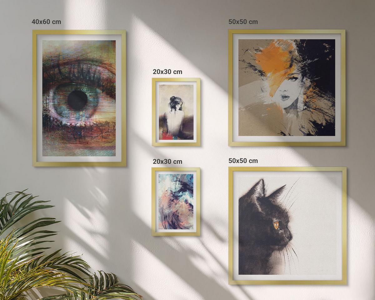 BILDER SET 5er Set - 50x50 cm & 20x30 cm & 40x60 cm Goldrahmen - Gelbgrau-braune Wellen - Goldfarben, Kunststoff (40/60cm) - TULUP