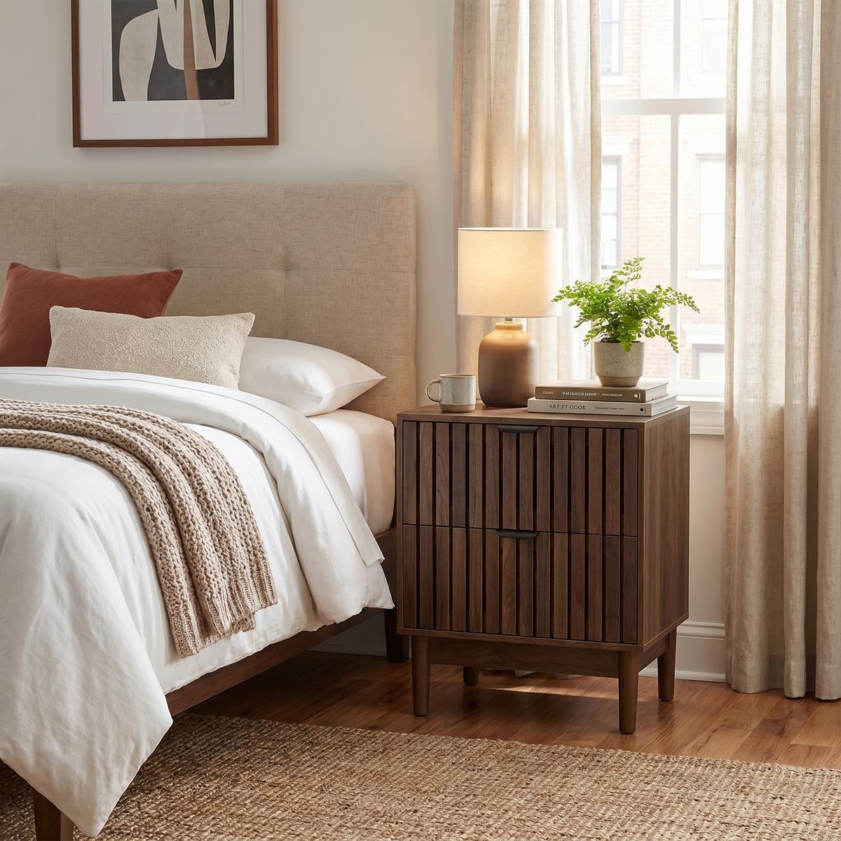 NACHTTISCH in walnuss-optik mit latten-design, 2 schubladen und massivholzbeinen - Walnussfarben, Holzwerkstoff (45/56.5/39cm) - Urban Meuble