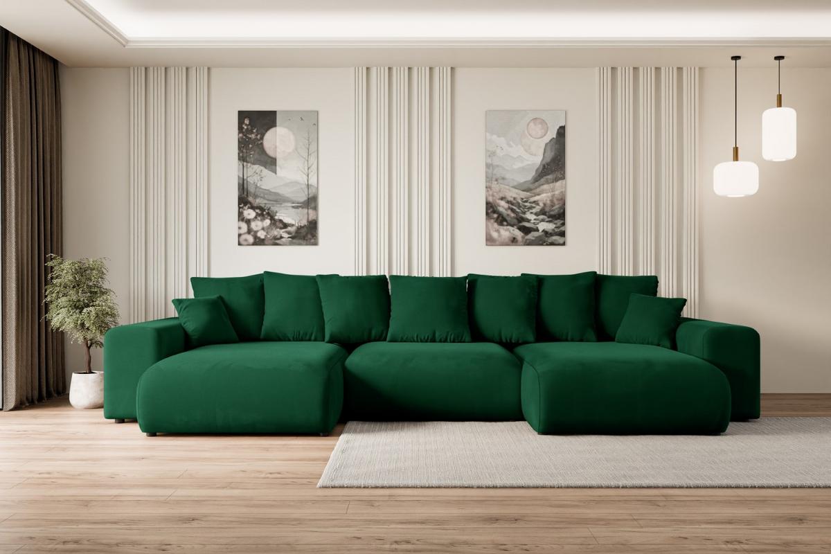 WOHNLANDSCHAFT mit Schlaffunktion ESKAR-U -364x176x84cm Grün Velours - Schwarz/Grün, Holzwerkstoff/Kunststoff (364/72/176cm) - ALTDECOR