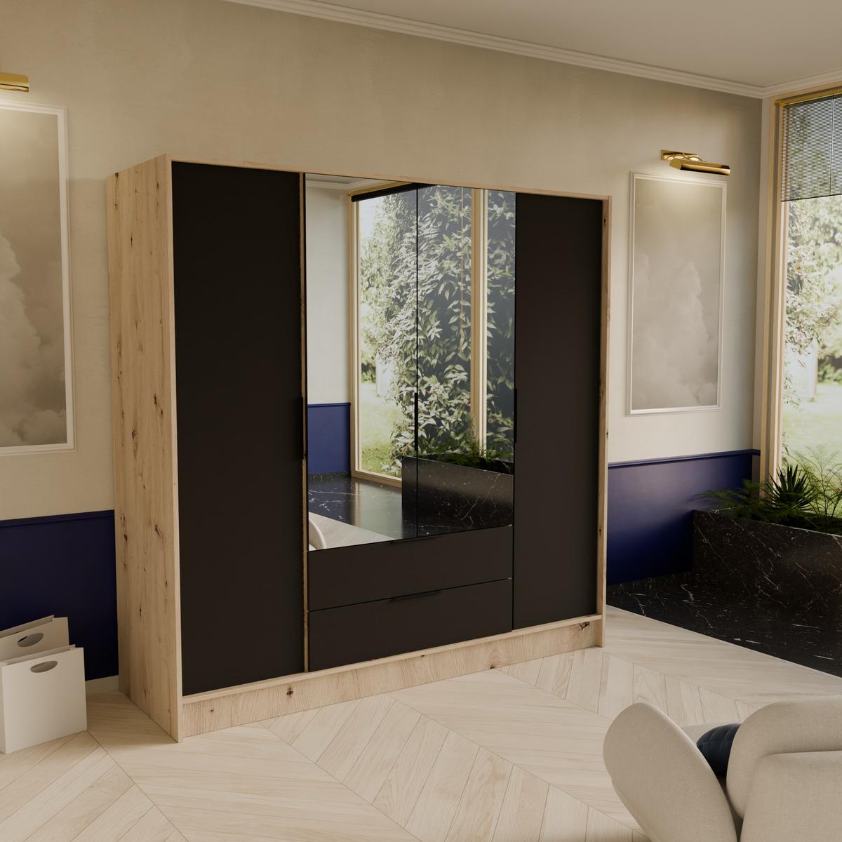 DREHTÜRENSCHRANK CAVA 200/200/51 cm Modern Kleiderschrank 4-türig mit Spiegel Eiche Artisan - Schwarz/Eiche Artisan, Holzwerkstoff (200/200/51cm) - MASSENO