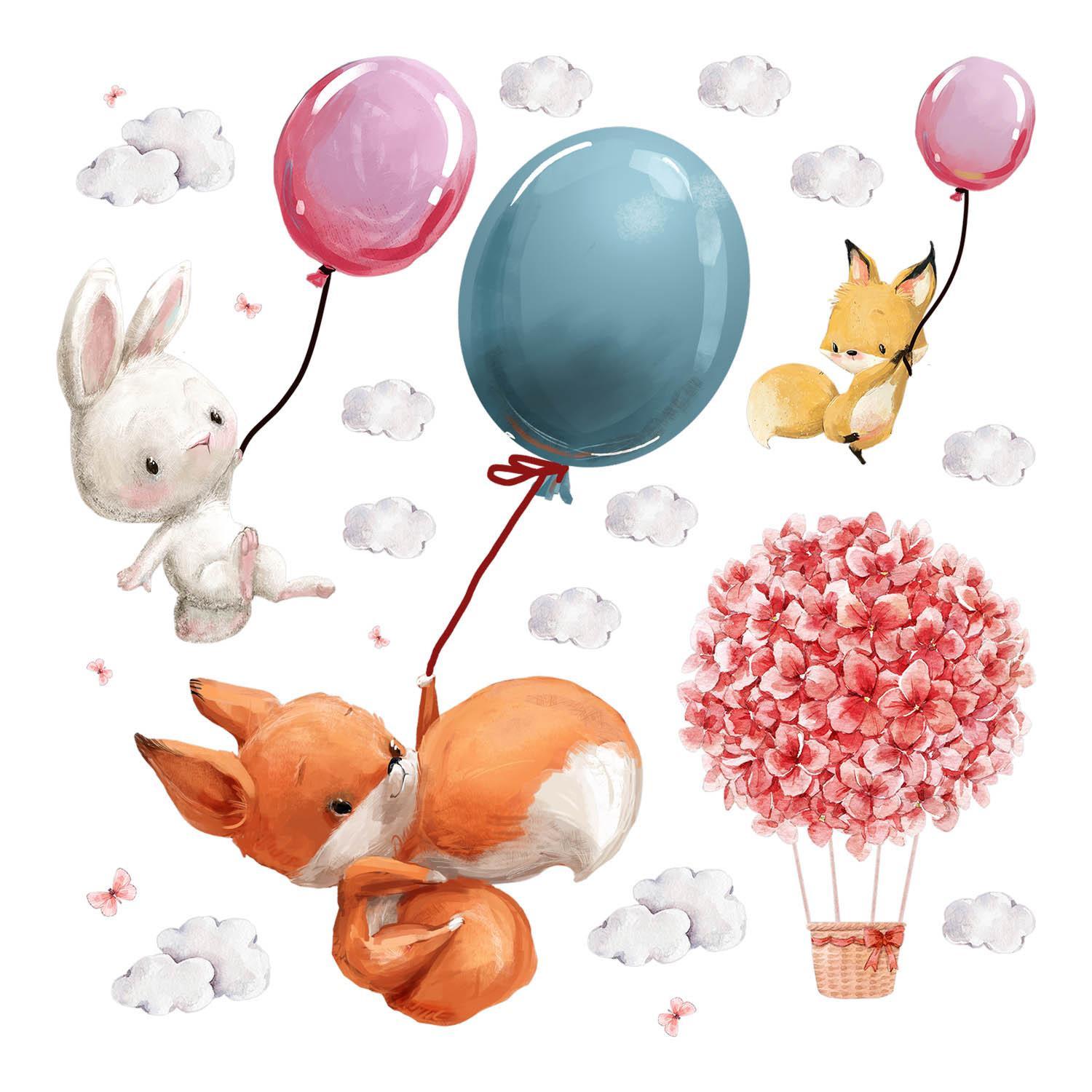 WANDAUFKLEBER 60x76cm - Tiere mit Luftballons - Multicolor, Kunststoff (60/76/0.1cm) - Wallfluent