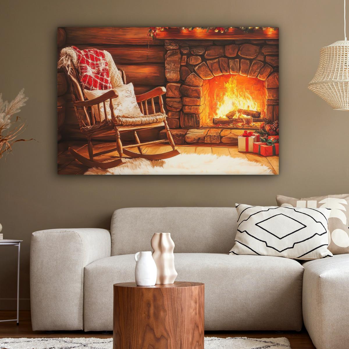 LEINWANDBILD Winter - Weihnachten - Zuhause - Kamin Wohnzimmer Groß 120x80 cm - Bernsteinfarben, Textil (120/80cm) - MuchoWow