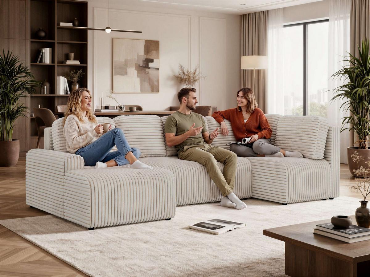 WOHNLANDSCHAFT NESSARO COR U Hellbraun Cord - Links Seite - Hellbraun/Schwarz, Kunststoff/Textil (307/92/151cm) - MKS