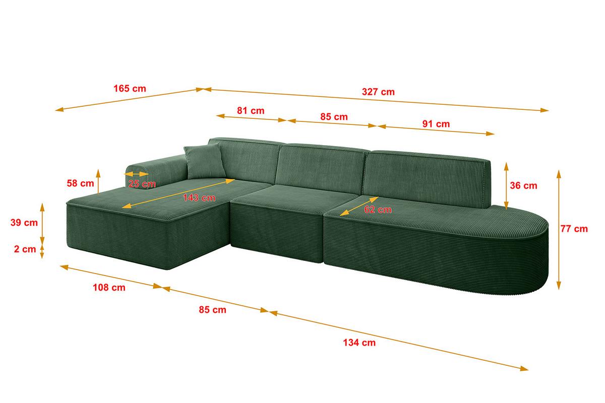 ECKSOFA Ottomane Links IREA-L2-v3 - 327x165x77 cm Grün - Smaragdgrün/Currygelb, Holzwerkstoff/Textil (327/165cm) - ALTDECOR