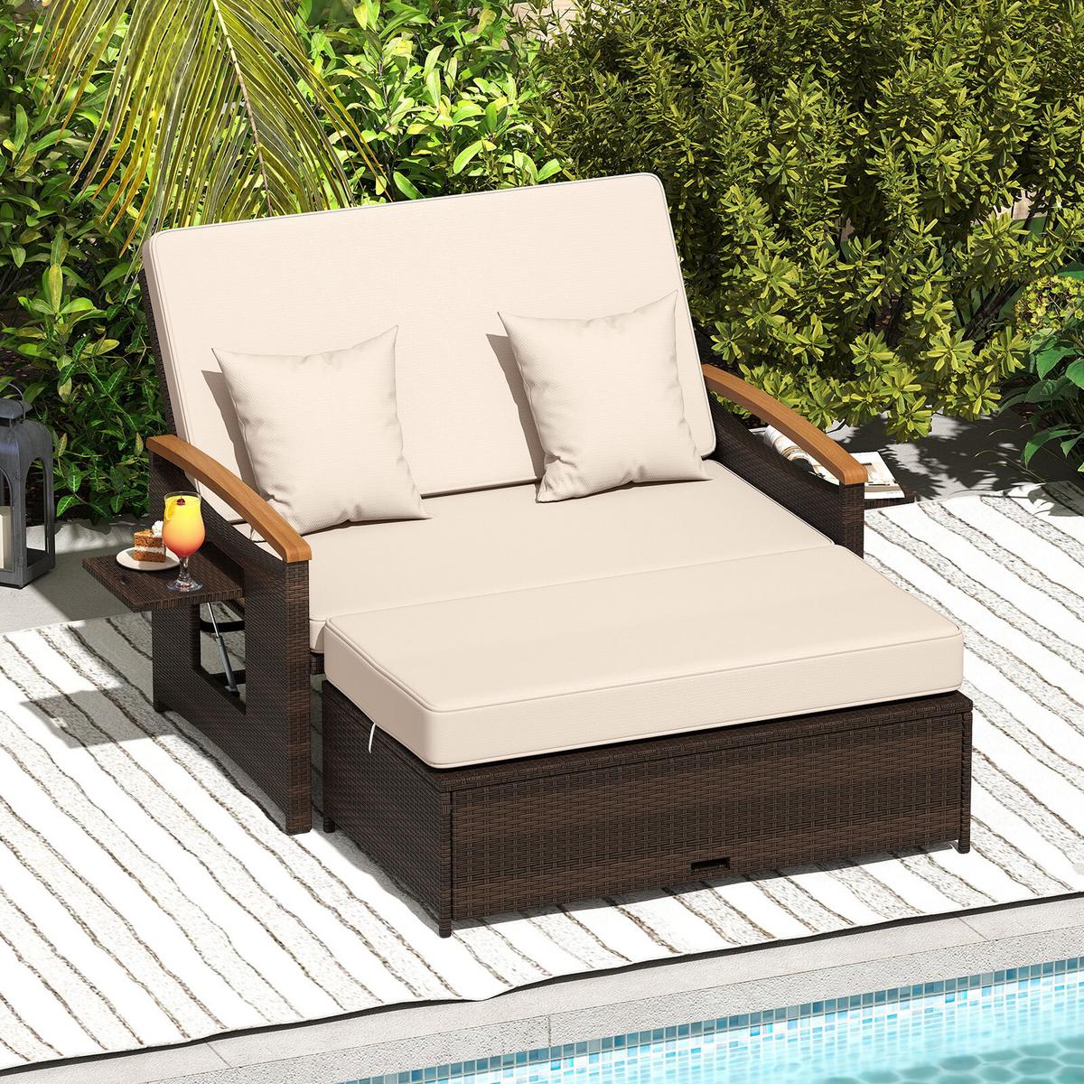 SONNENLIEGE geflochtene Doppel liege beige - Beige, Metall (164/88/72cm) - COSTWAY