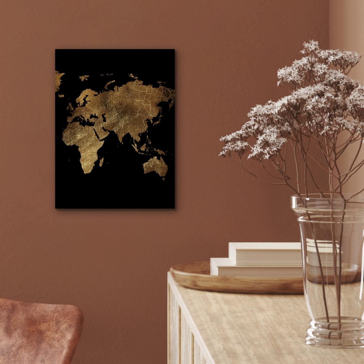 METALLBILD Weltkarte - Gold - Luxus - Erde - Schwarz 30x40 cm - Goldfarben, Metall (30/40cm) - MuchoWow